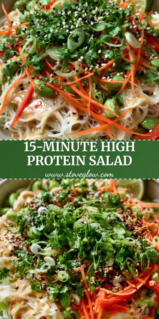 A top-down view of an Edamame rice noodle salad in a ceramic bowl with glossy peanut dressing, julienned carrots, and red peppers. (Edamame rice noodle salad)