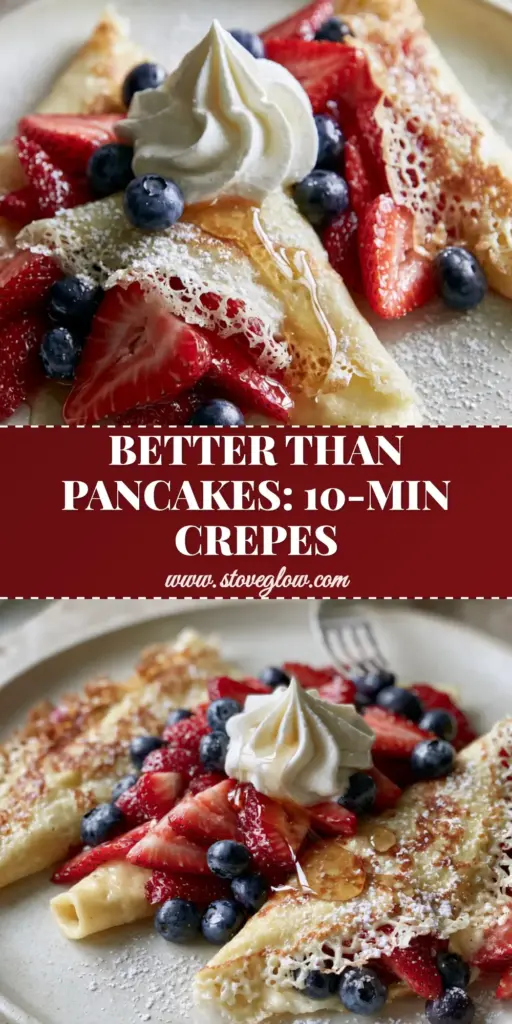 A stack of three fruit crepes folded into triangles on a white plate, overflowing with strawberries and blueberries, topped with whipped cream and maple syrup. (fruit crepes)