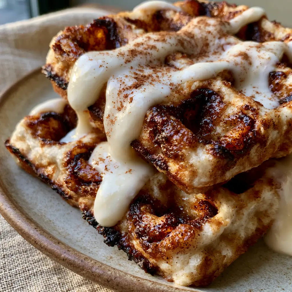 Close up of thick white cream cheese glaze drizzled over cinnamon brown sugar waffles, highlighting the viscosity of the sauce.