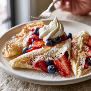 Vertical close-up of paper-thin French fruit crepes with golden-brown edges and vibrant red strawberries. (fruit crepes)