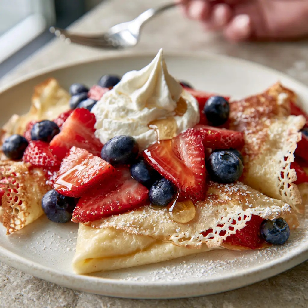 Authentic food photography of fruit crepes topped with peaked whipped cream and glistening maple syrup. (fruit crepes)