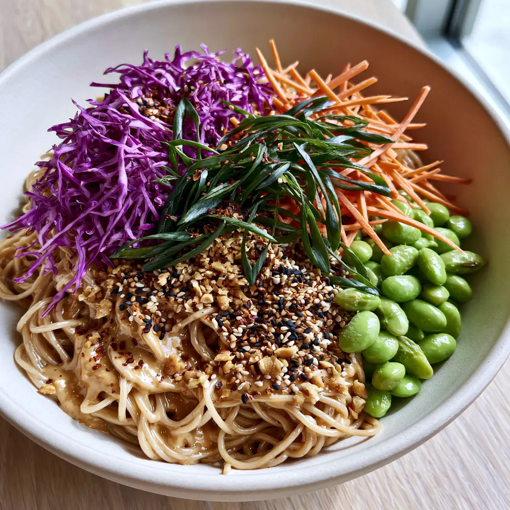 A wide matte-white bowl of sesame noodle salad featuring clusters of shredded cabbage and matchstick carrots.