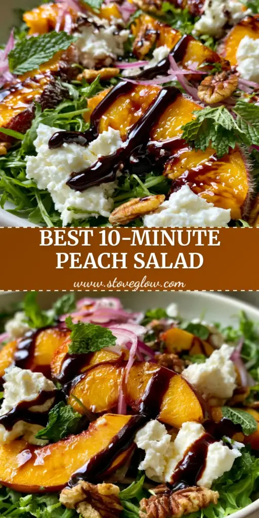 A vibrant peach feta salad in a matte white bowl with dark mahogany balsamic glaze drizzle and toasted pecans.