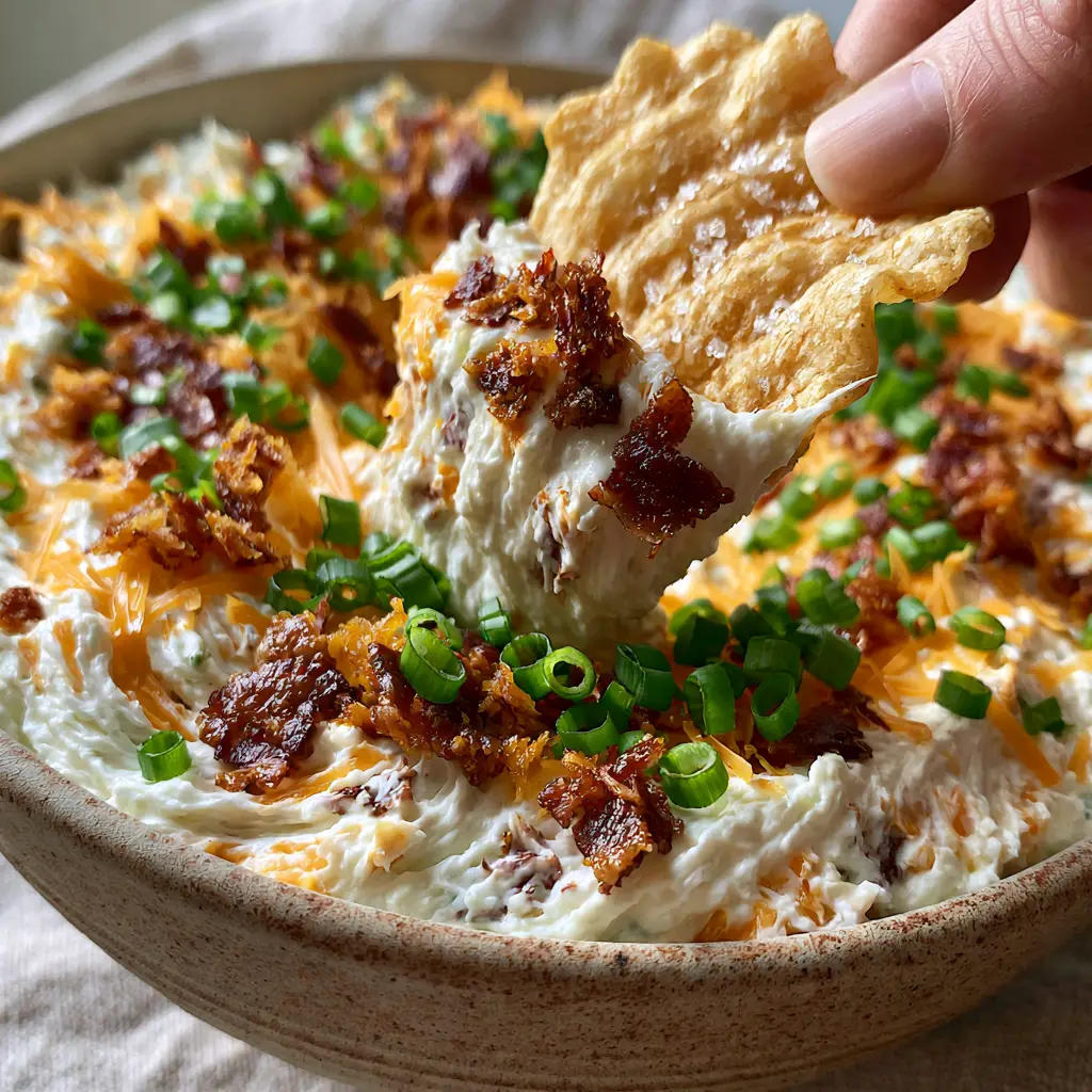Overhead view of a cold chip dip featuring green scallions and crispy bacon bits.