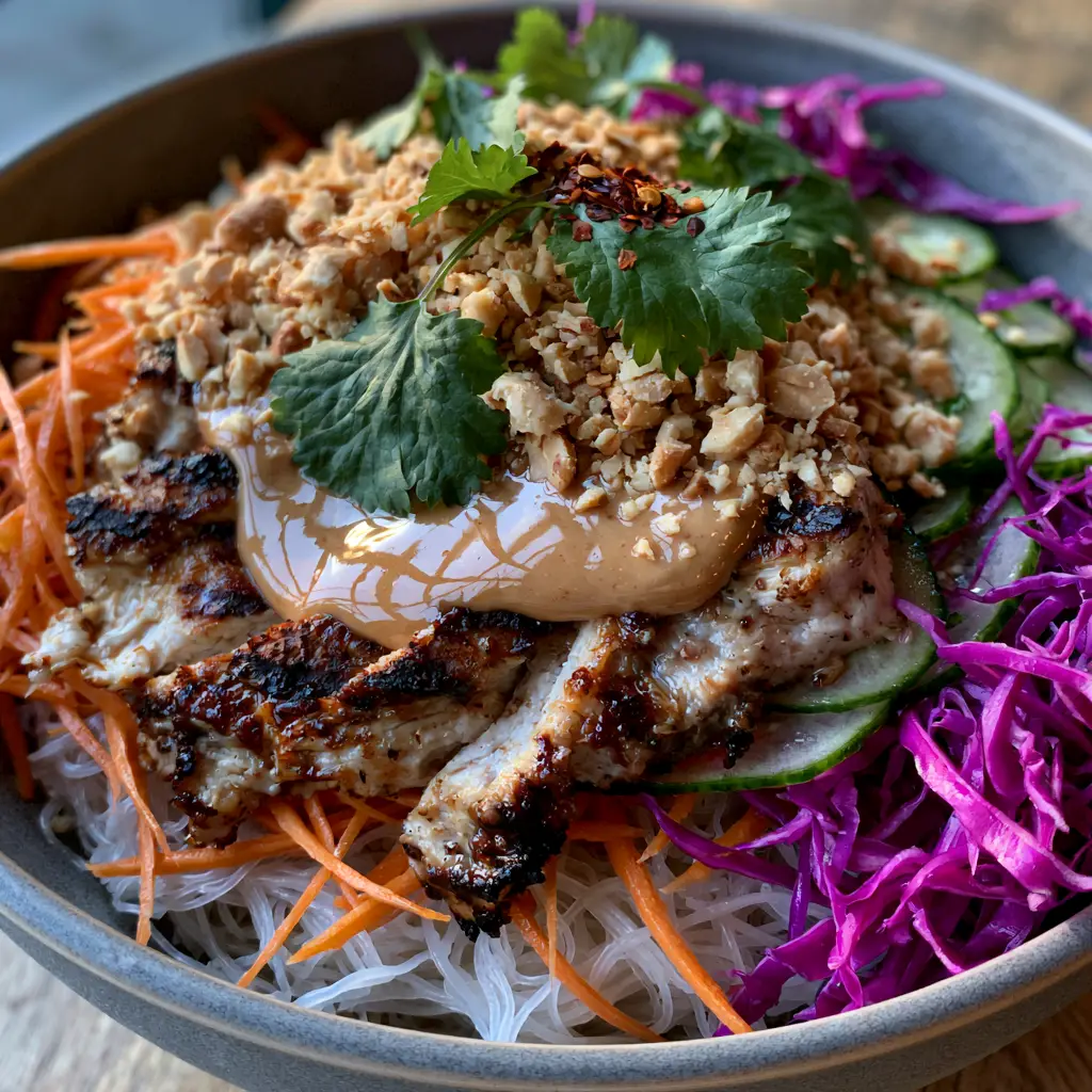 Overhead view of a matte grey bowl filled with Cold Rice Noodle Salad with Chicken, purple cabbage, and crushed peanuts.