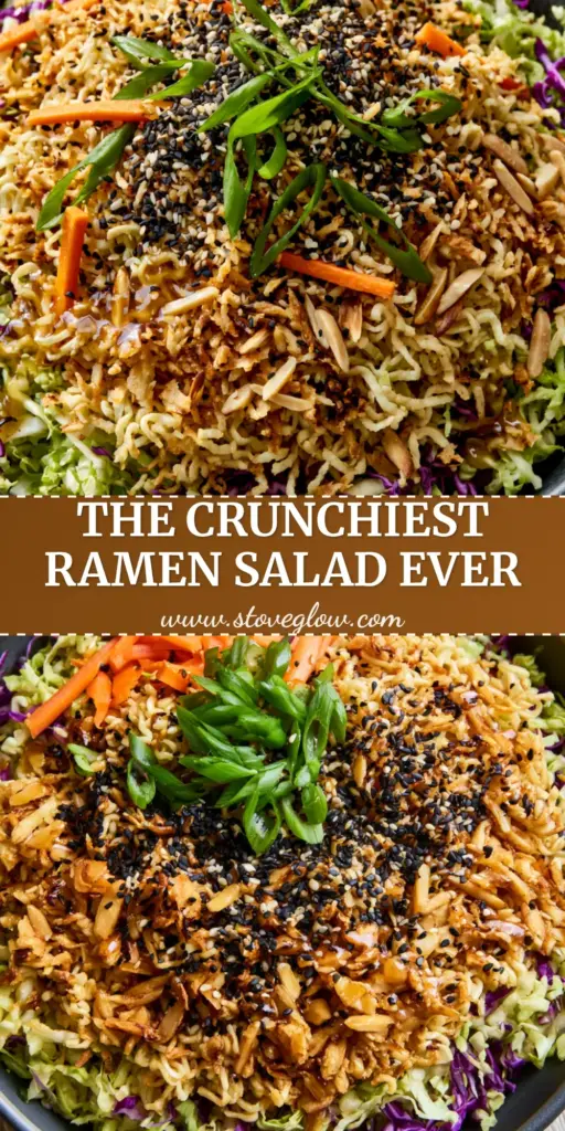 Top-down view of a colorful Ramen noodle salad with toasted almonds, purple cabbage, and sesame seeds in a charcoal bowl.