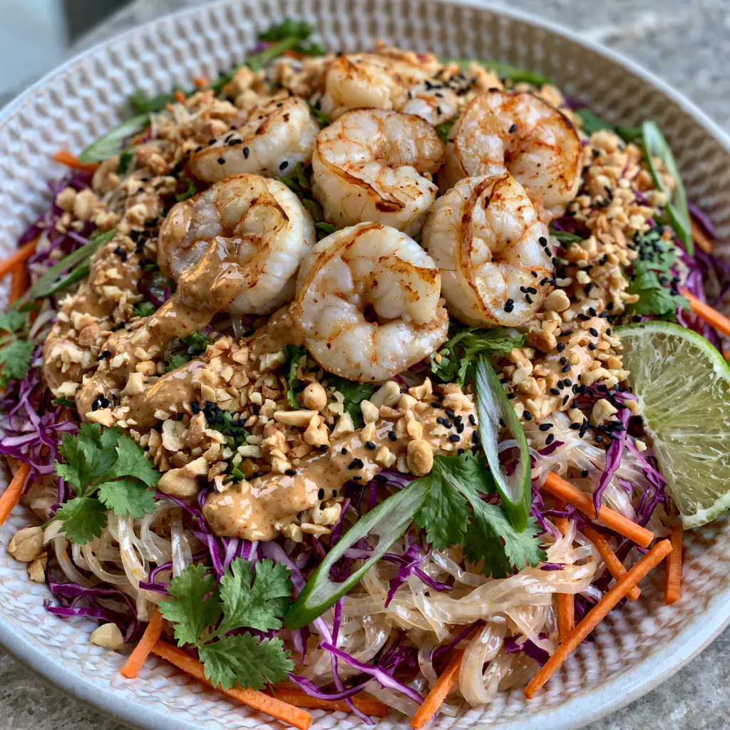Succulent jumbo shrimp with golden-pink seared edges resting on a bed of noodles with peanut sauce.