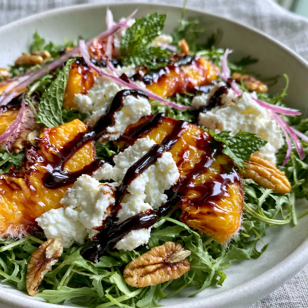 Handheld photo of a peach feta salad featuring paper-thin red onions and toasted pecans. (peach feta salad)
