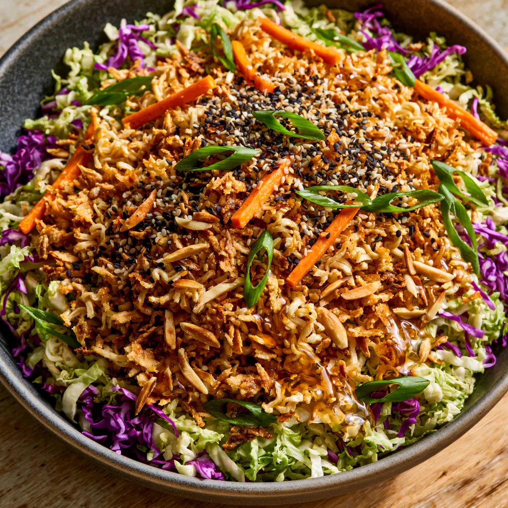 Glossy amber ginger-soy dressing glazing matchstick carrots and green scallions in a Ramen noodle salad.