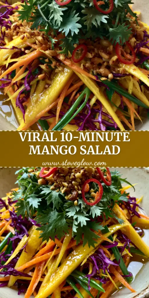 A top-down view of a Thai Mango Salad in a cream bowl, featuring julienned yellow mangoes, purple cabbage, and red bird's eye chilis on an oak table.