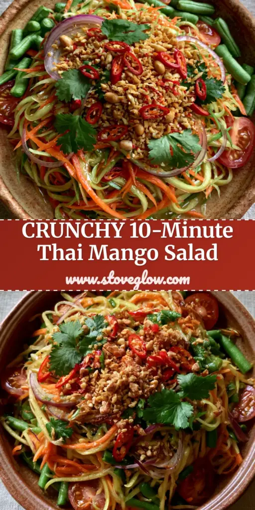 A top-down shot of Thai Mango Salad with shredded ribbons, carrots, and peanuts in a terracotta bowl. (Thai Mango Salad)