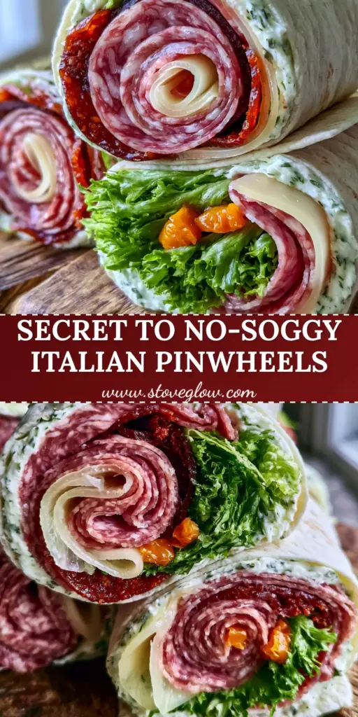 A stack of Cheesy Italian Pinwheels on a rustic wooden board, showing tight spirals of salami, pepperoni, and provolone with bright orange roasted red peppers. (Cheesy Italian Pinwheels)