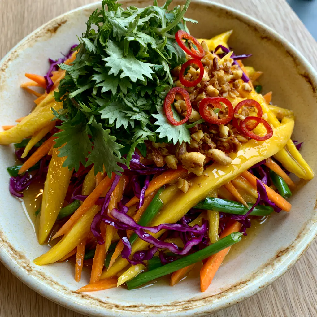 A vibrant Thai Mango Salad with matchstick carrots, purple cabbage ribbons, and toasted golden-brown crushed peanuts in a ceramic bowl.