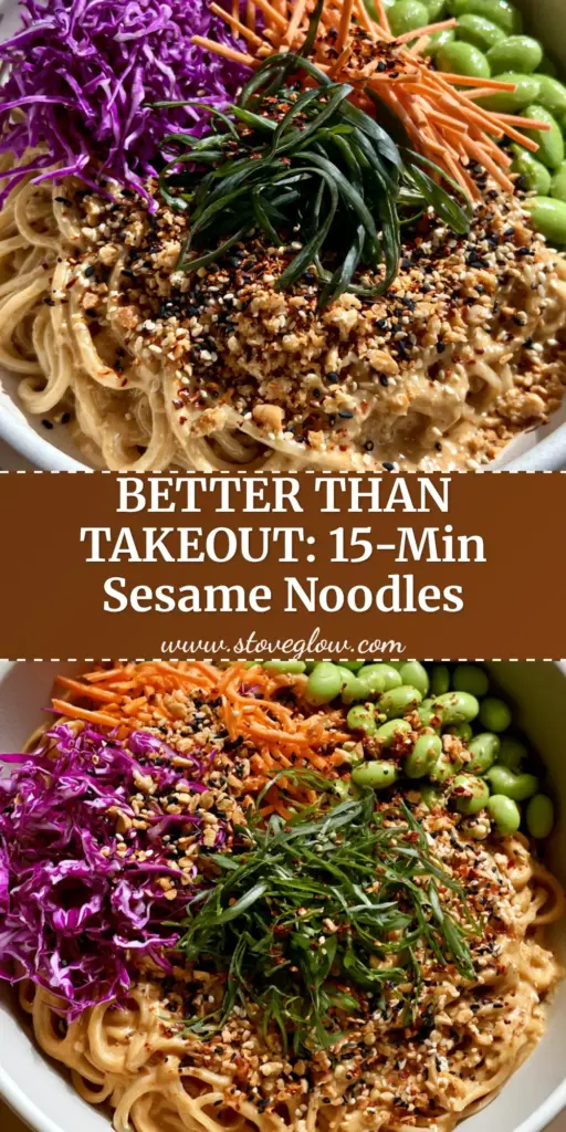 A top-down view of a modern white bowl filled with glossy sesame noodle salad, topped with vibrant purple cabbage, orange carrots, and green edamame.