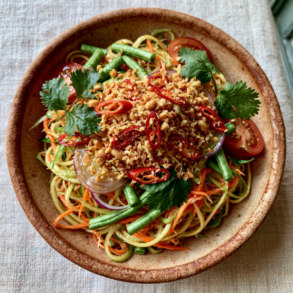 Close up of glossy lime-chili dressing on Thai Mango Salad with crushed peanuts. (Thai Mango Salad)