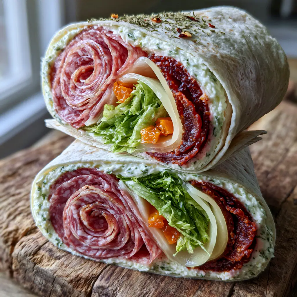 A close-up shot of Cheesy Italian Pinwheels showing tiny gems of bright orange roasted red peppers and herb-flecked cream cheese. (Cheesy Italian Pinwheels)