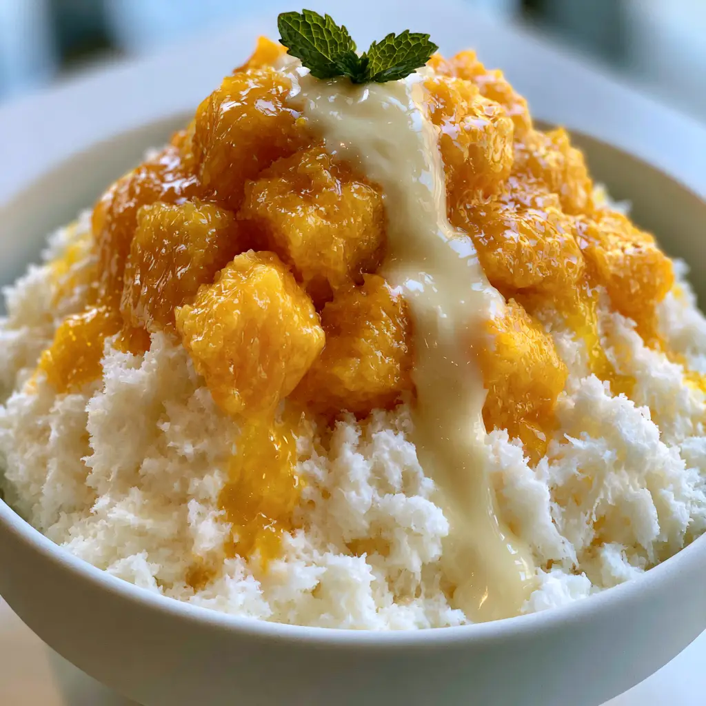 Macro shot of a thick viscous stream of ivory sweetened condensed milk drizzling over mango bingsu. (mango bingsu)