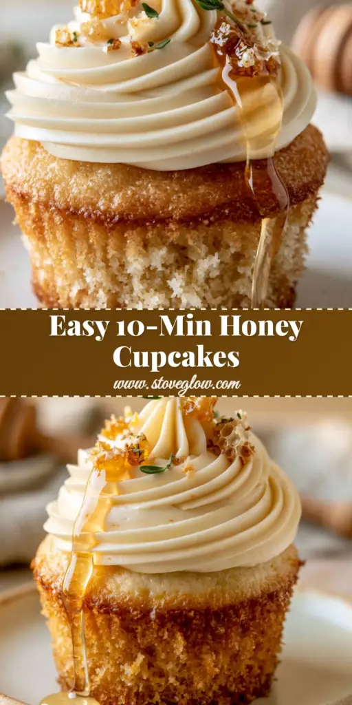 A close-up of a moist honey cupcake with stiff honey buttercream, a glossy honey drizzle, and a fresh thyme sprig on a rustic ceramic plate. (honey cupcakes)