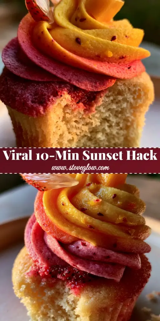A towering mango strawberry sunset cupcake with two-tone ruby red and gold frosting on a white plate.