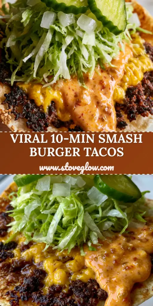 A close-up of Smash Tacos showing a crispy beef patty fused to a flour tortilla with melted cheese, lettuce, and secret sauce.