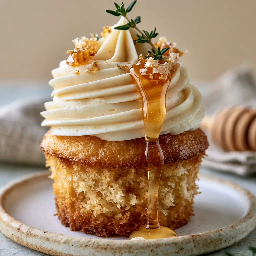 Close-up of golden honey drizzling down the side of a cream-colored cupcake frosting.