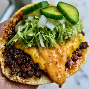 Extreme close-up macro shot of a Smash Taco with lacy beef edges, molten cheese, and orange sauce.