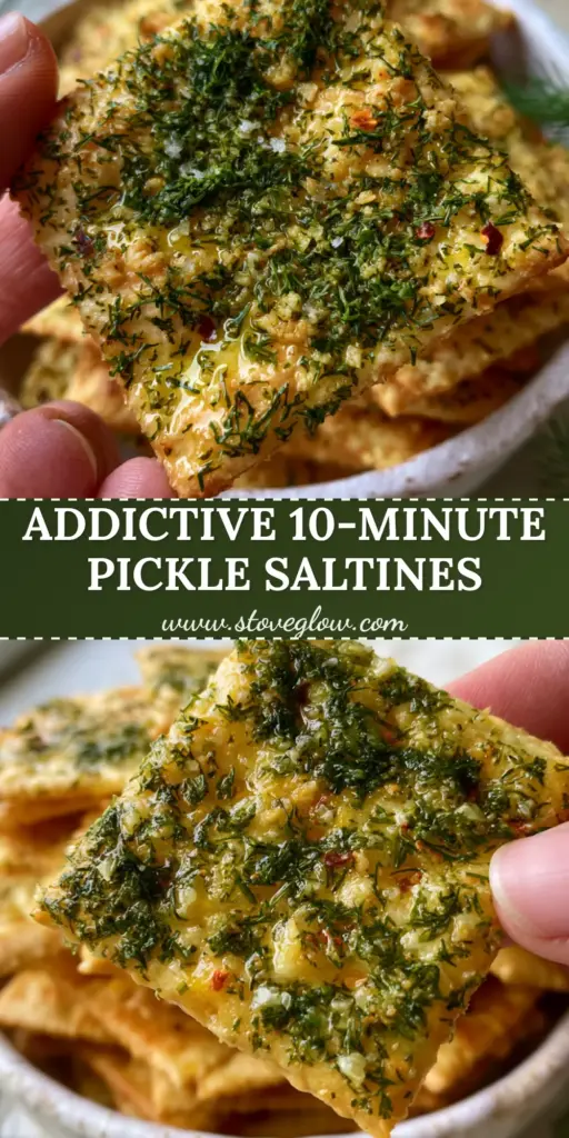 A stack of golden Dill Pickle Saltines in a rustic white bowl with fresh dill garnish.