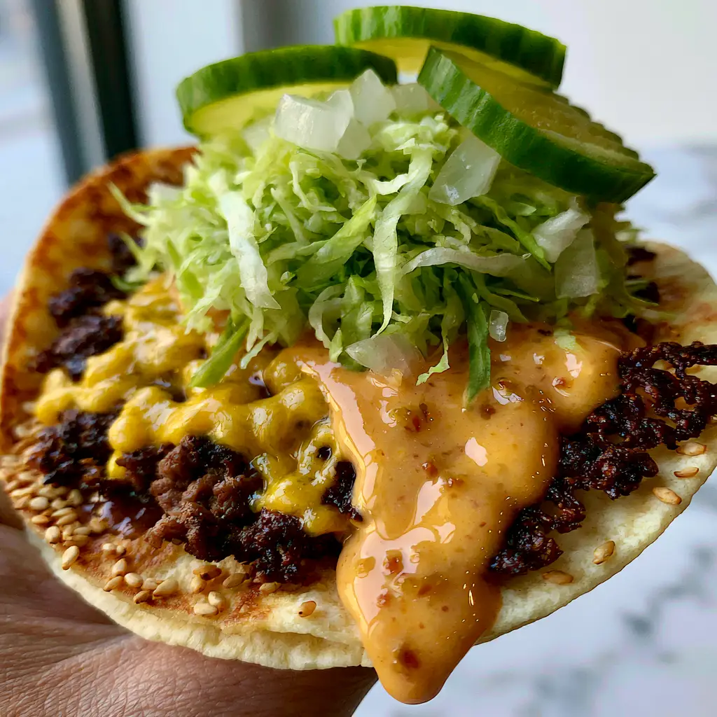 A handheld Smash Taco dripping with burger sauce and topped with shredded lettuce and sesame seeds.
