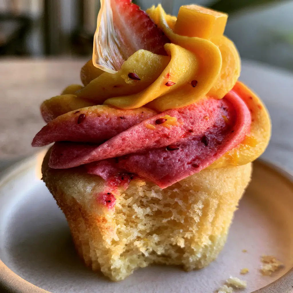Side view of ombre frosting on mango strawberry sunset cupcakes with fresh fruit garnish.