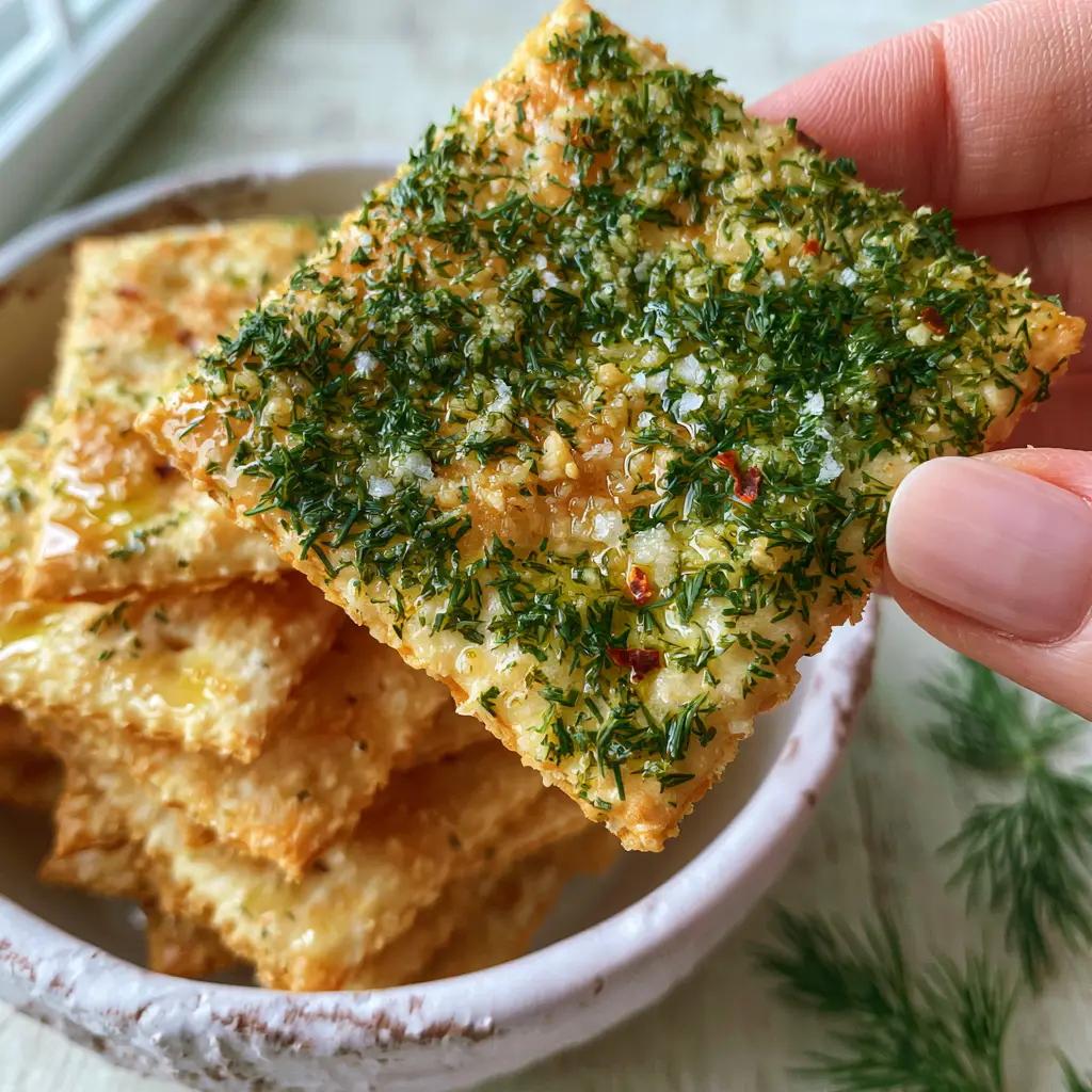 Sharp focus on the seasoning texture of a stack of Dill Pickle Saltines on a wooden table.