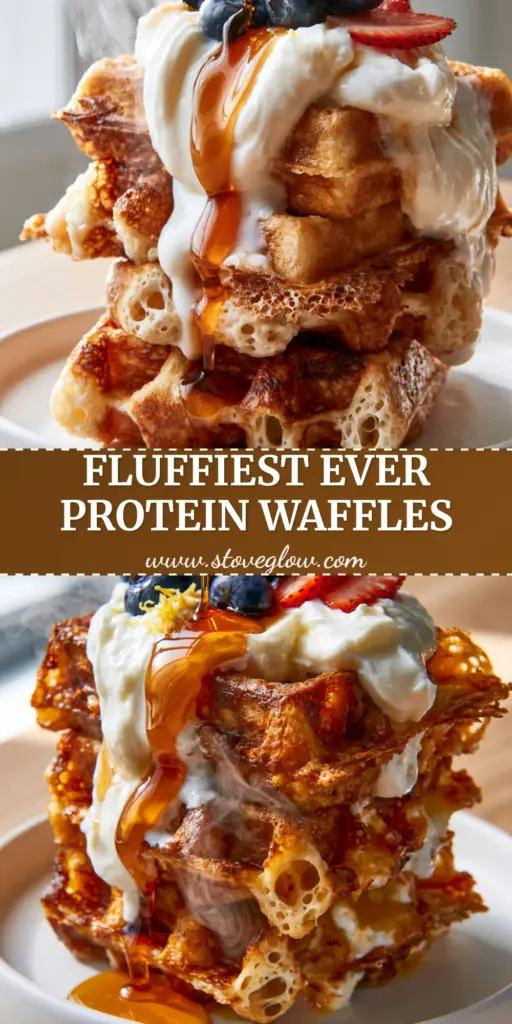 A vertical stack of three thick Belgian greek yogurt waffles with syrup drizzle and blueberries on a white plate.