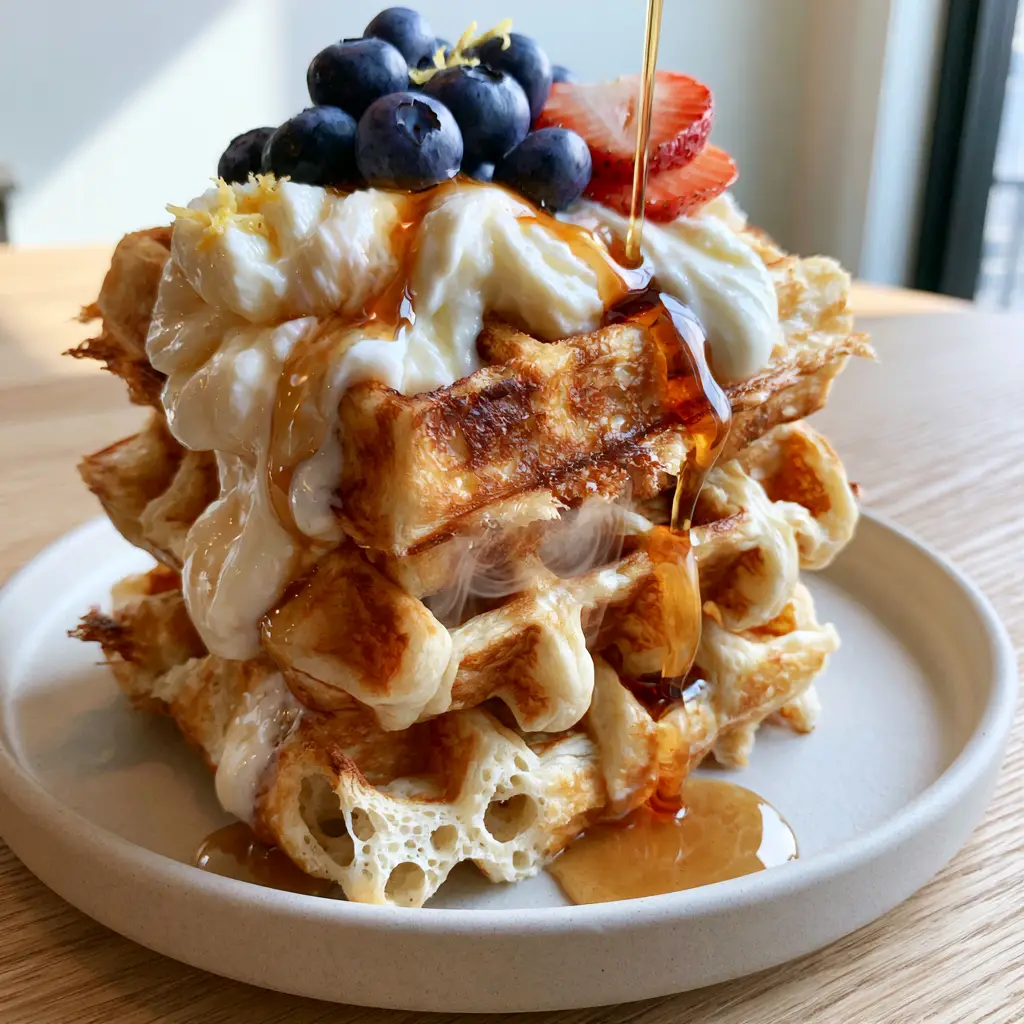 Aerial view of greek yogurt waffles on a light oak wood surface with strawberries.