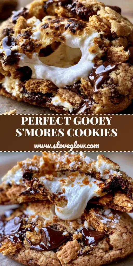 A stack of s'mores chocolate chip cookies with toasted marshmallow halves and graham cracker chunks on top.