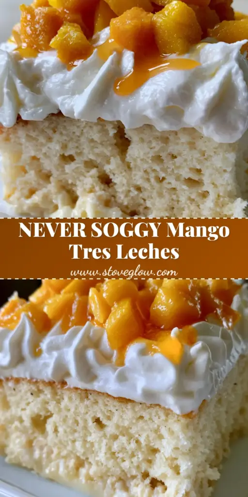 A tall slice of Mango Tres Leches cake with deep-orange cubed mangoes and a thick layer of whipped cream on a white plate.