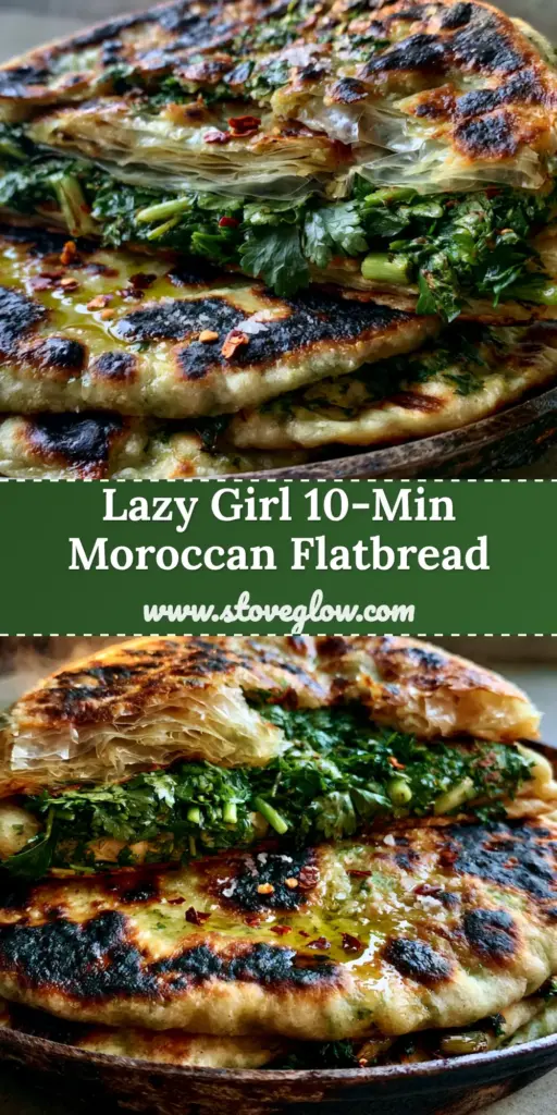 A stack of Moroccan herb-stuffed flatbreads on a cast iron skillet, torn open to show translucent flaky layers and emerald green herbs.