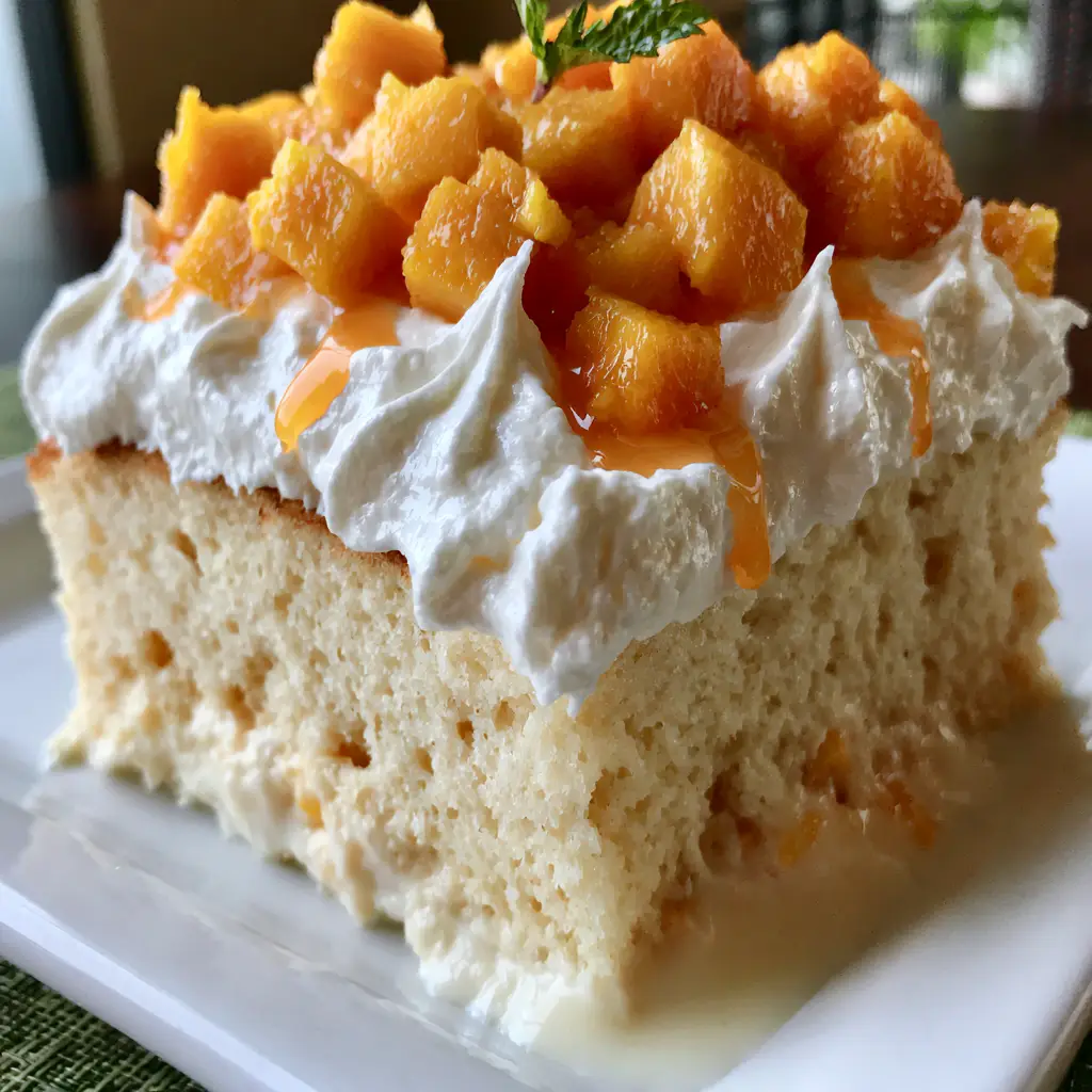 A close-up of the thick whipped cream topping and mango cubes on a Mango Tres Leches cake.