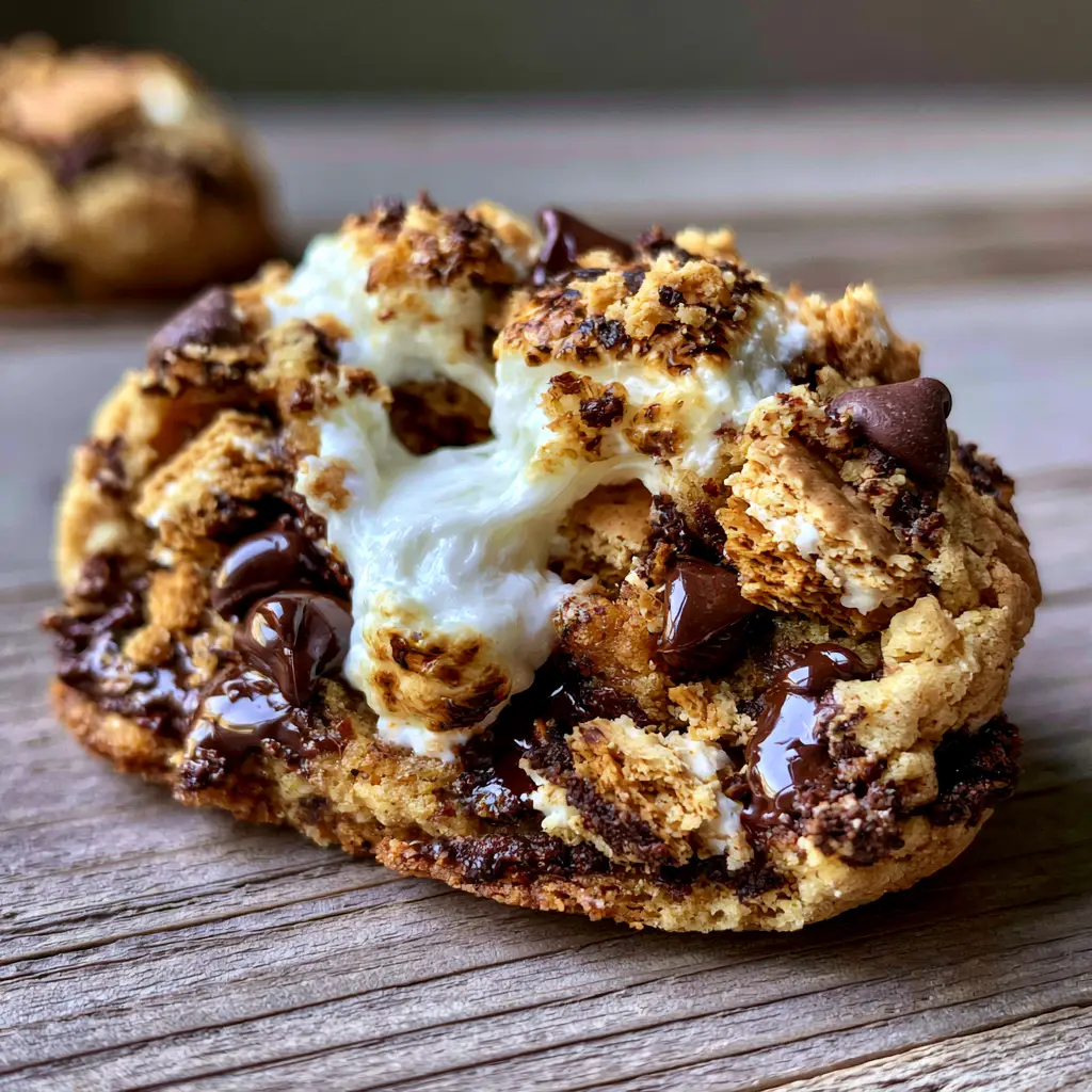 Close up of s'mores chocolate chip cookies showing glistening dark chocolate chips and crispy graham cracker chunks.