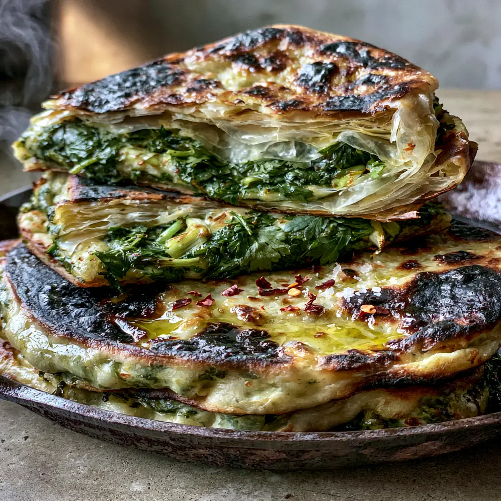 Close-up of golden-brown moroccan herb-stuffed flatbread with charred skillet bubbles and rising steam.