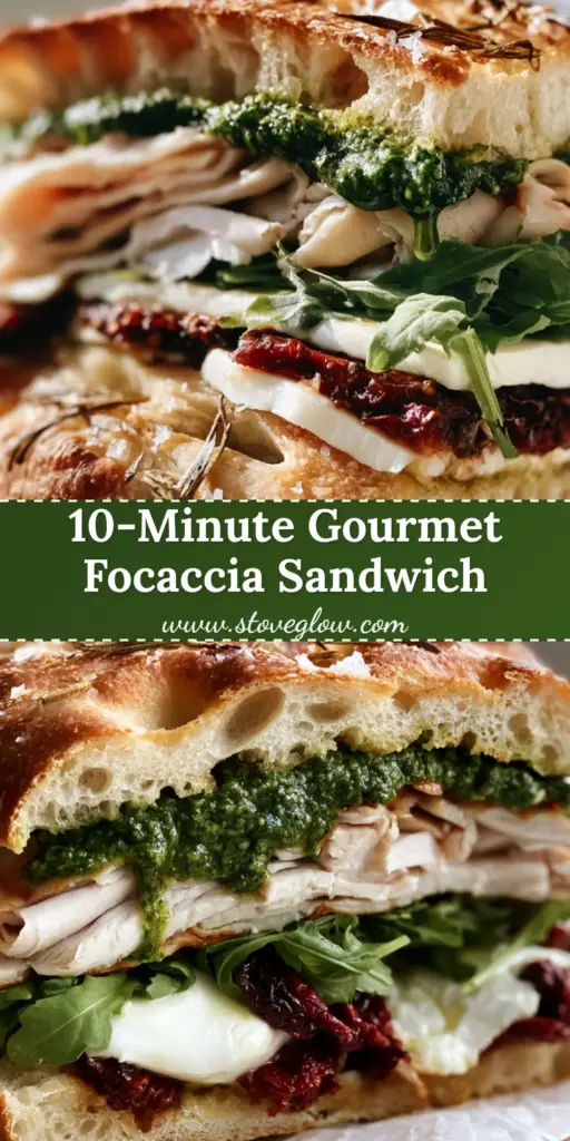 A close-up shot of Italian Turkey Focaccia Sandwiches sliced in half, showing layers of ribboned turkey, emerald pesto, and buffalo mozzarella on a wooden board.