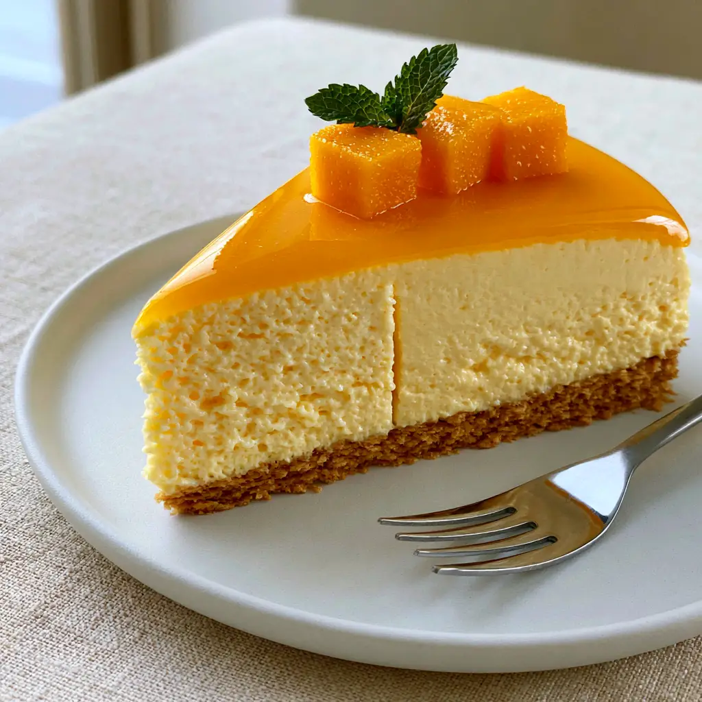 Close up of the mango mirror glaze and fresh Alphonso mango cubes on top of the mousse cake.