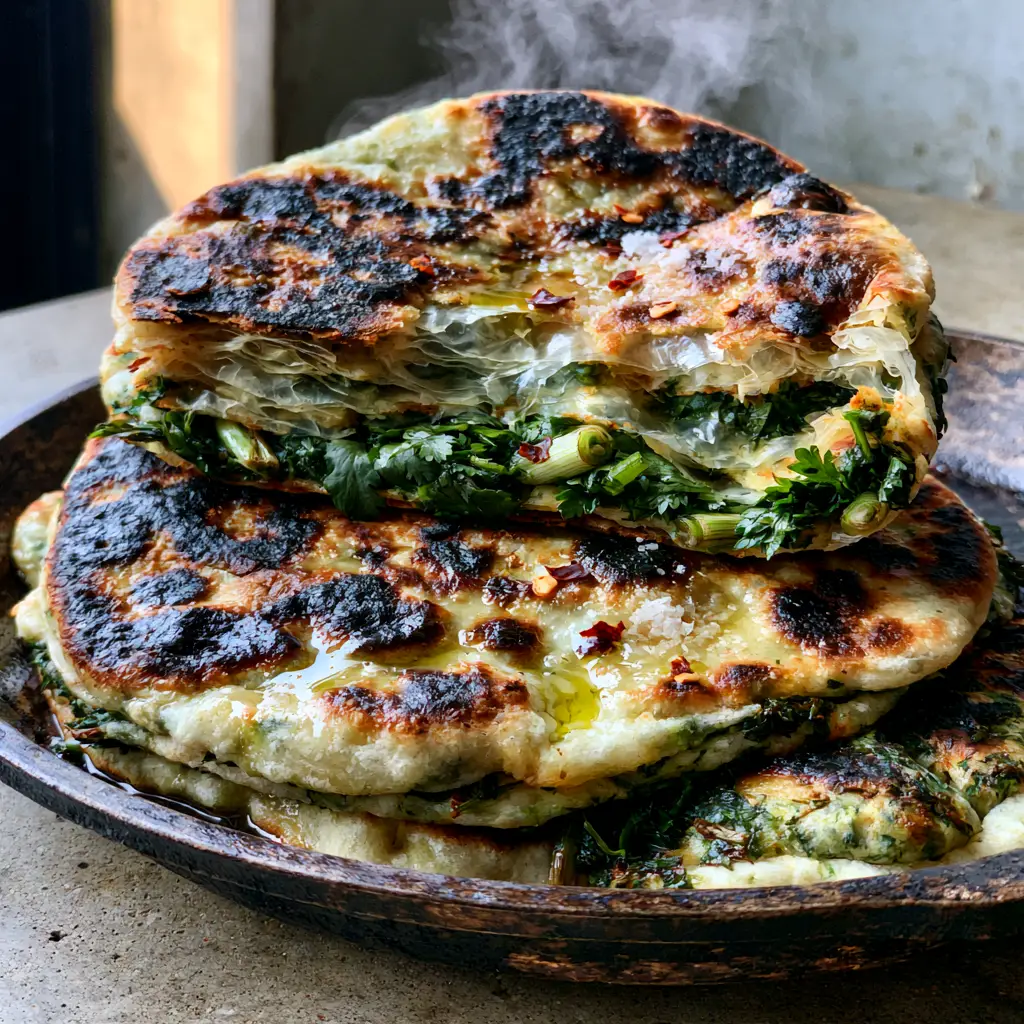 Detailed view of the paper-thin, flaky layers inside a Moroccan herb-stuffed flatbread.