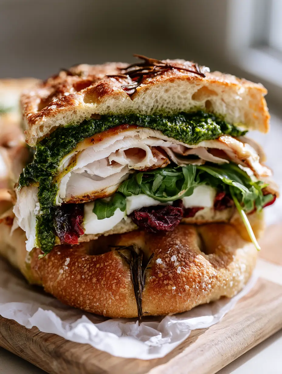 45-degree angle view of a gourmet Italian Turkey Focaccia Sandwich with thick pesto, sun-dried tomatoes, and rosemary bread.