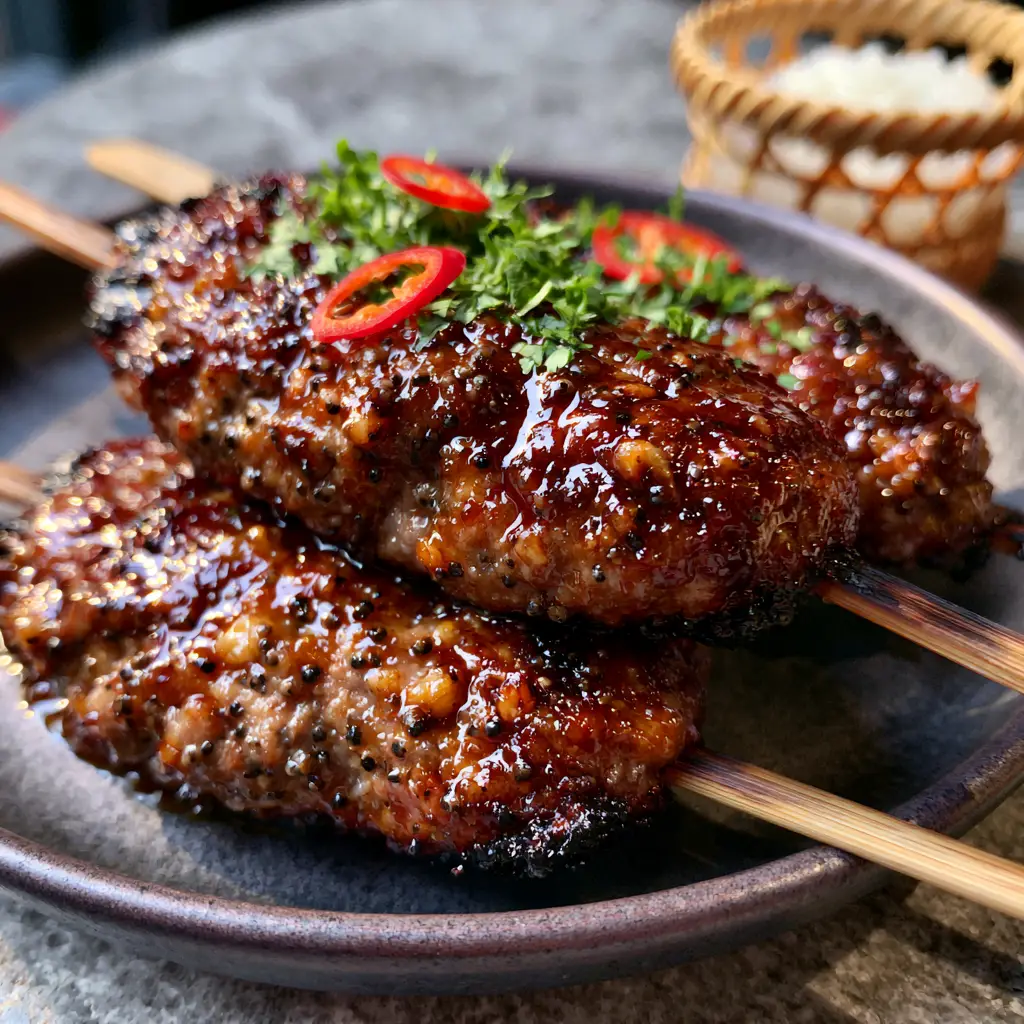 Juicy Thai-style ground pork skewers with charred edges and red bird's eye chili garnish.