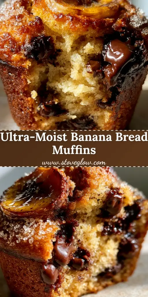 A stack of bakery-style banana bread muffins with caramelized banana slices and melted dark chocolate chips.