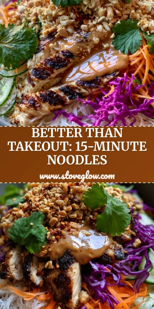 A handheld smartphone photo of a Cold Rice Noodle Salad with Chicken in a matte grey bowl featuring seared chicken, purple cabbage, and glossy peanut sauce.
