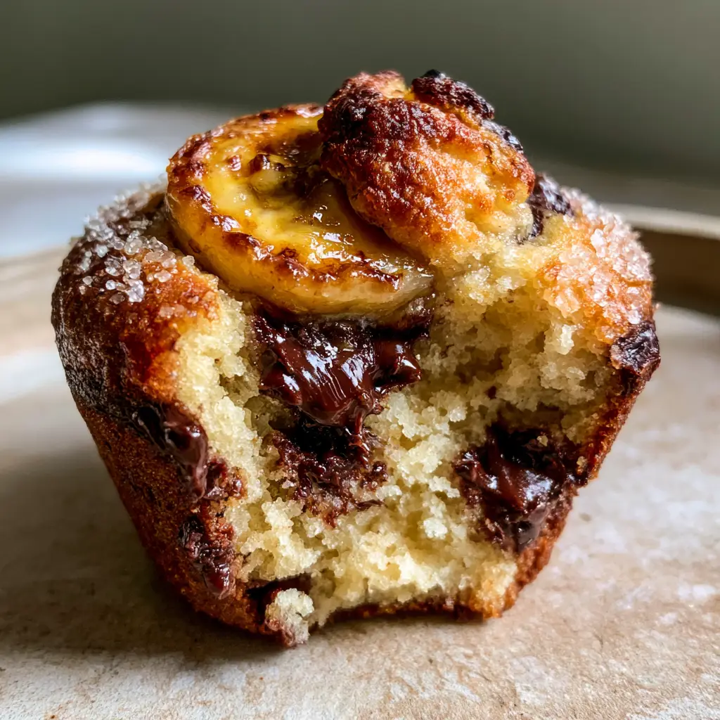 Close-up of a golden-brown banana bread muffin dome with a caramelized banana slice and sparkling sugar crystals.