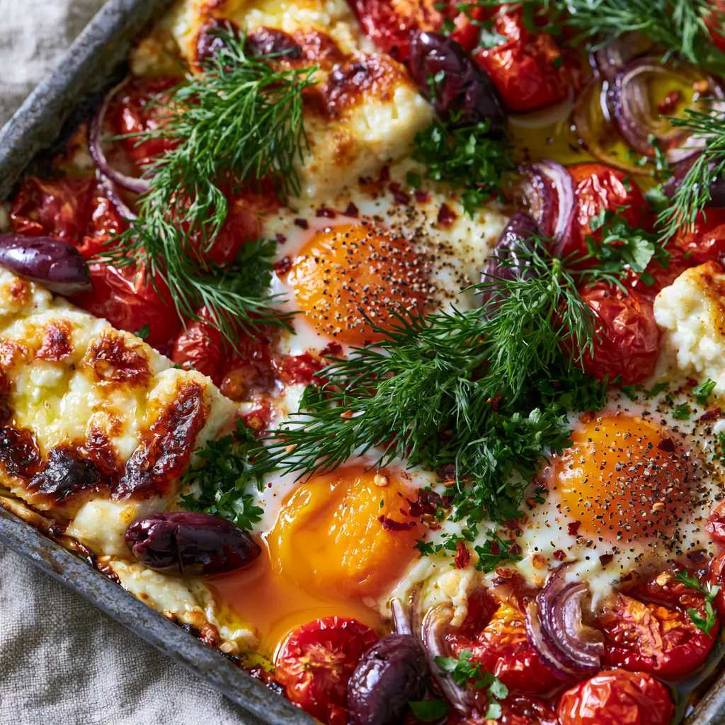 Macro shot of bubbling feta cheese and blistered tomatoes for Mediterranean Baked Feta Eggs.