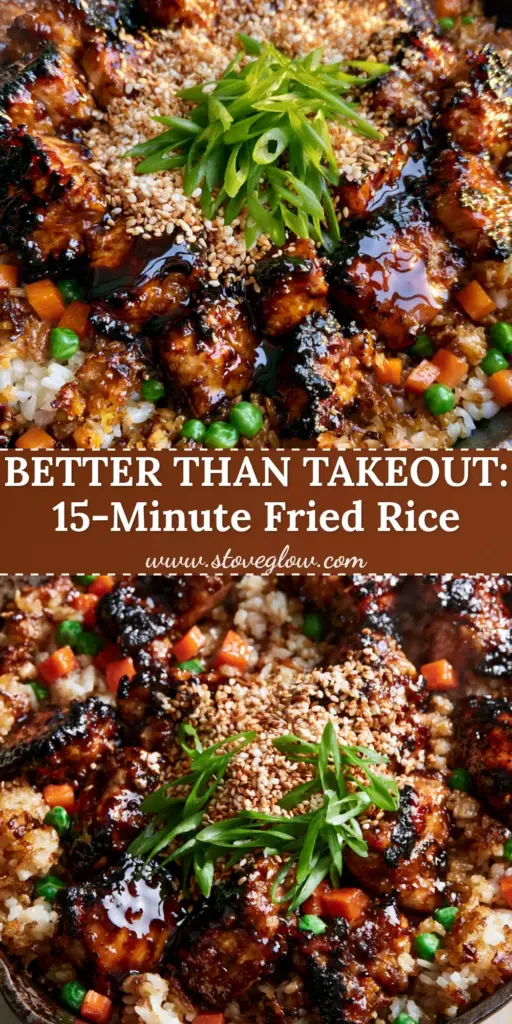 A rustic black cast iron skillet filled with Teriyaki Chicken Fried Rice, featuring glistening glazed chicken, crispy jasmine rice, and bright green peas. (Teriyaki Chicken Fried Rice)