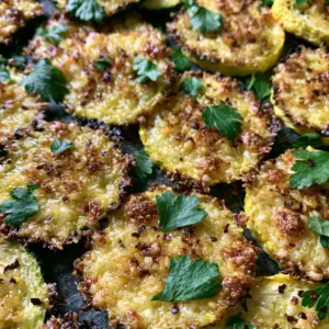 Extreme close-up 45-degree angle of a sheet pan filled with roasted zucchini and yellow squash rounds. (garlic parmesan zucchini and squash medley)
