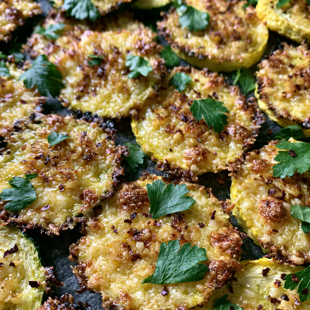 Extreme close-up 45-degree angle of a sheet pan filled with roasted zucchini and yellow squash rounds. (garlic parmesan zucchini and squash medley)